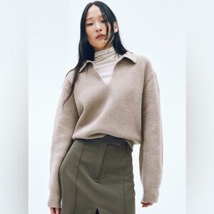 H&M rib-knit wool-blend sweater with collar in taupe